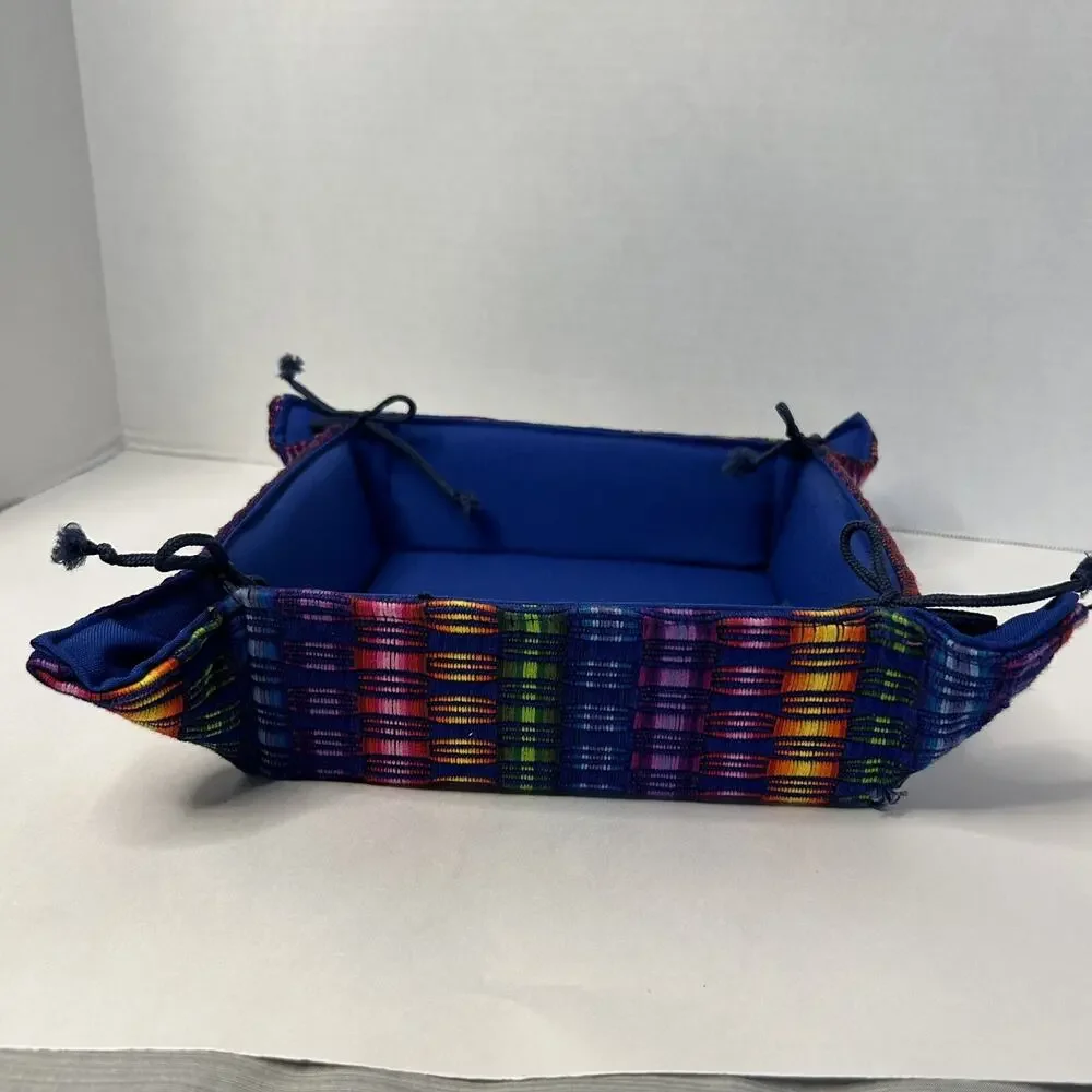 Guatemala Handmade Woven ARTISAN Multicolor Bread Basket With Tie Corners
